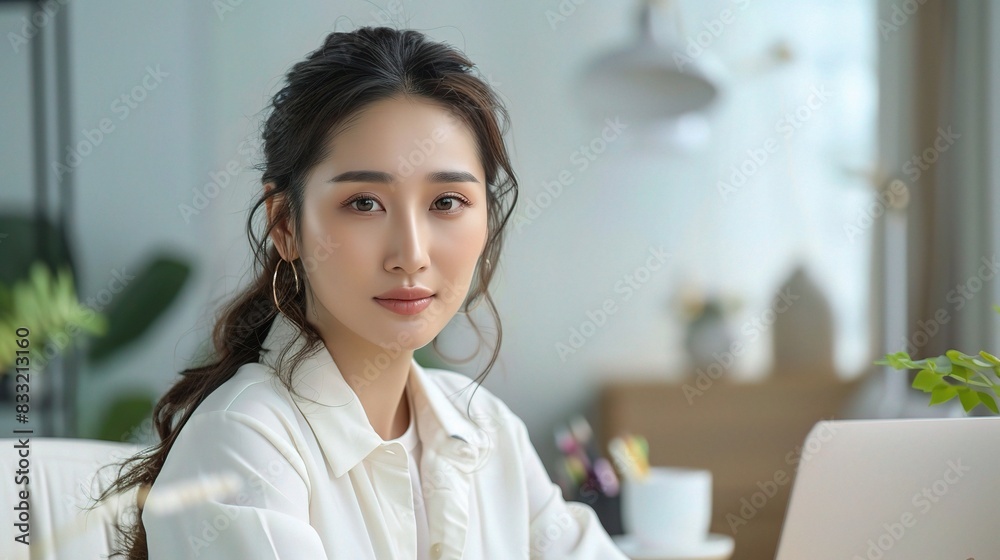 Portray an Asian business woman using a laptop at a sleek desk