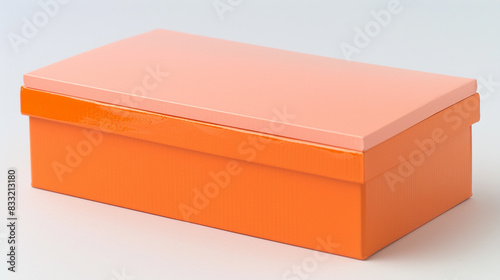 Peach-lidded tangerine orange rectangular box, fun and playful design.