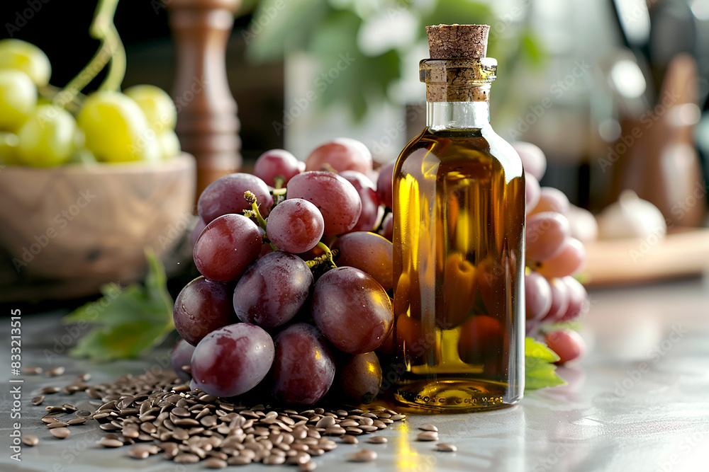 Grape seed oil in a bottle stands next to grapes on the table against the backdrop of a modern kitchen Grape seed oil in a bottle stands next to grapes on the table against the backdrop of a modern kitchen