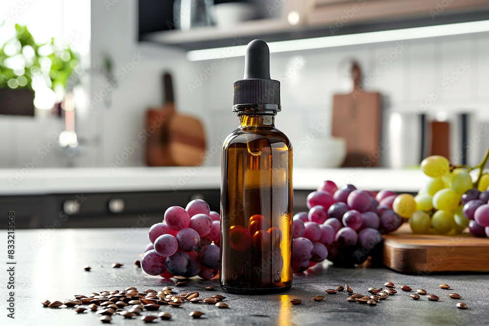 Grape seed oil in a bottle stands next to grapes on the table against the backdrop of a modern kitchen Grape seed oil in a bottle stands next to grapes on the table against the backdrop of a modern kitchen