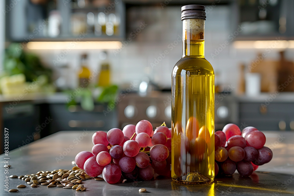 Grape seed oil in a bottle stands next to grapes on the table against the backdrop of a modern kitchen Grape seed oil in a bottle stands next to grapes on the table against the backdrop of a modern kitchen