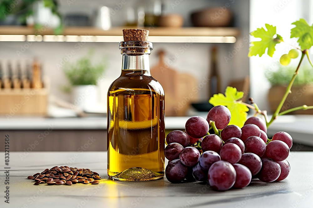 Grape seed oil in a bottle stands next to grapes on the table against the backdrop of a modern kitchen Grape seed oil in a bottle stands next to grapes on the table against the backdrop of a modern kitchen