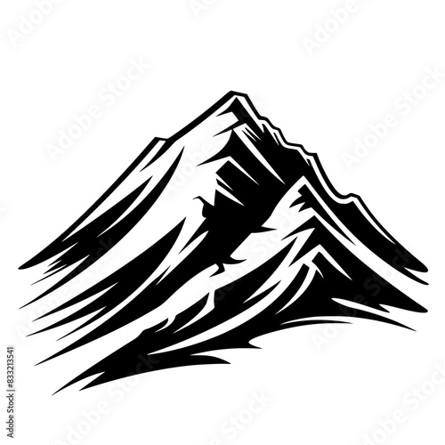 Black and White Mountain Peak Illustration, Stylized black and white illustration of mountain peaks with sharp edges and snow highlights, ideal for outdoor and adventure themes.