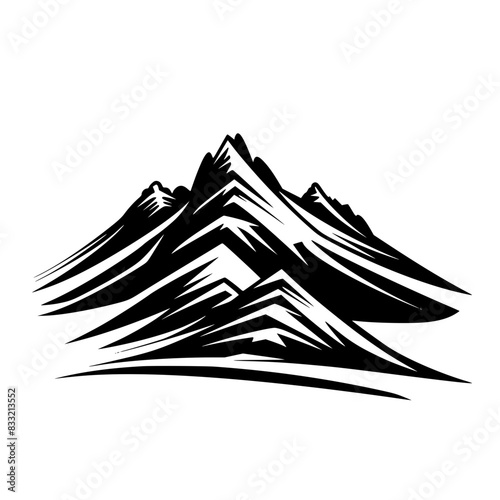 Black and White Mountain Peak Illustration, Stylized black and white illustration of mountain peaks with sharp edges and snow highlights, ideal for outdoor and adventure themes.