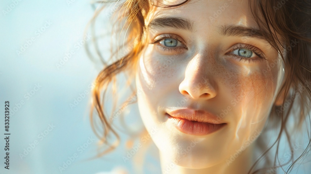 Present a beautiful young woman with radiant, youthful skin, her expression serene and content Present a beautiful young woman with radiant, youthful skin, her expression serene and content