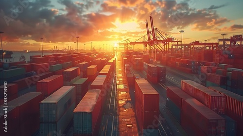 cargo port at sunrise with vibrant containers and cranes working