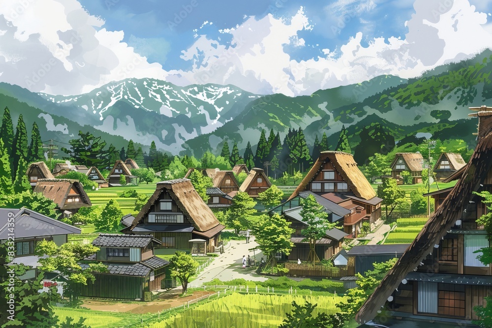 illustration of Shirakawa-Go Village, Ono District, Gifu Prefecture illustration of Shirakawa-Go Village, Ono District, Gifu Prefecture