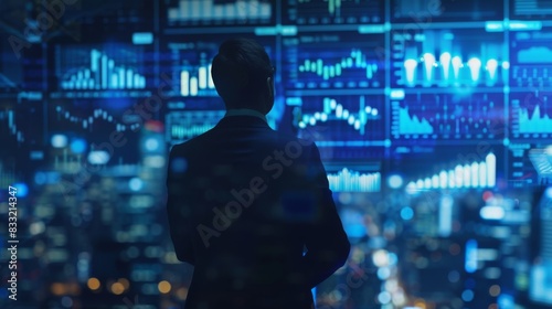 Financial analyst forecasting future trends, Businessperson analyzing financial data on multiple screens, reflecting stock market trends in a modern office atmosphere.