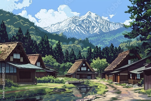 illustration of Shirakawa-Go Village, Ono District, Gifu Prefecture © GHArtwork