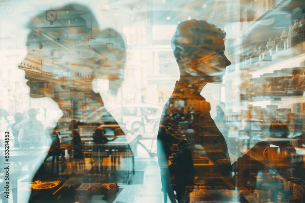 Creative double exposure of two people with cityscape overlay, symbolizing modern urban lifestyle, communication, and connection. Creative double exposure of two people with cityscape overlay, symbolizing modern urban lifestyle, communication, and connection.