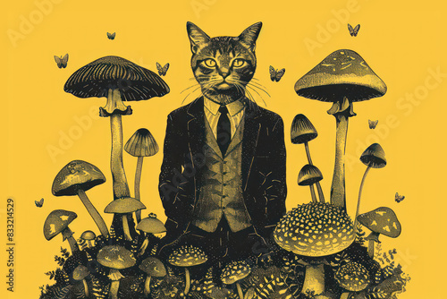 anthropomorphic cat among mushrooms on a yellow background