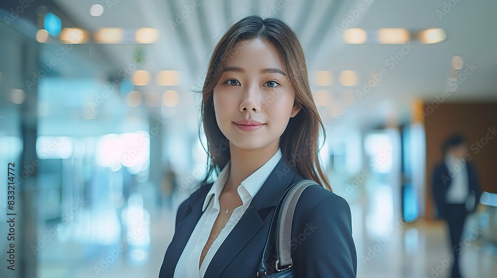 Fototapeta premium Present an Asian business woman confidently walking through a modern office lobby, white background