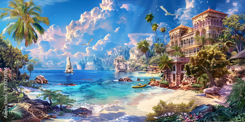 Vibrant Pixel Art Scene of a Tropical Paradise. 