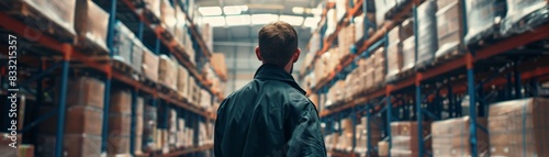 Logistics manager coordinating shipments, Man in a warehouse filled with shelves of boxes, wearing a jacket, looking at organized storage items under bright lights. photo