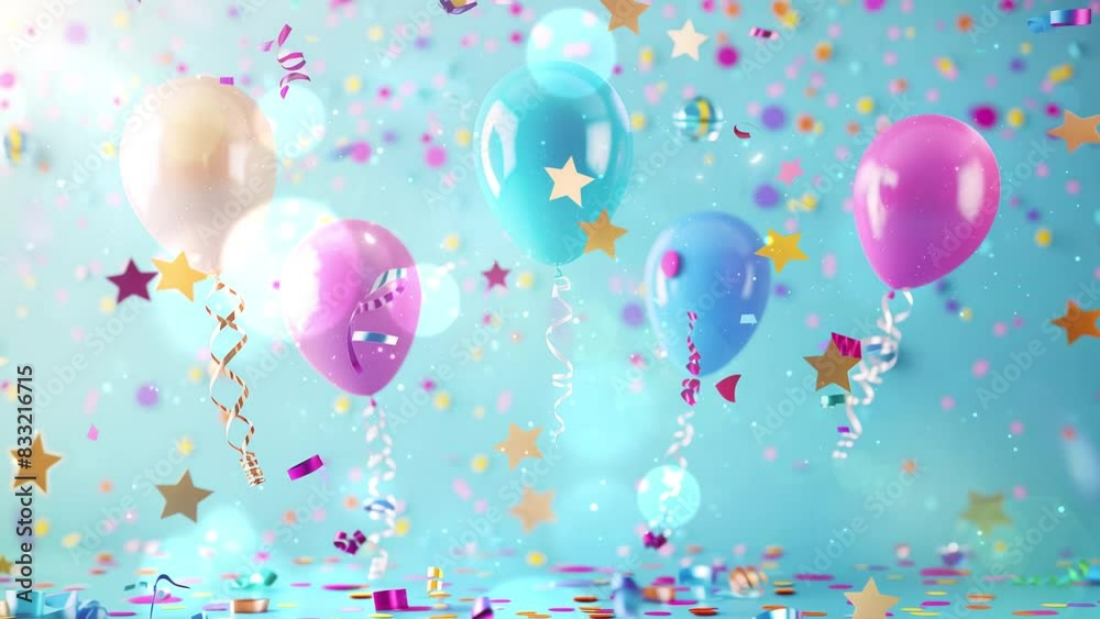 balloons stars and confetti celebration birthday on blue background. seamless looping overlay 4k virtual video animation background balloons stars and confetti celebration birthday on blue background. seamless looping overlay 4k virtual video animation background