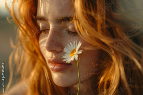Gentle Closeup of a Woman with a Daisy and Sunlit Red Hair