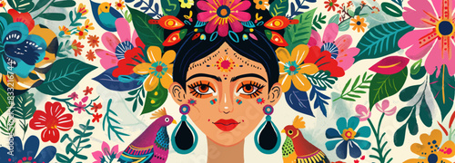 Illustration portraying a Mexican woman with with colorful floral patterns and traditional folk art elements.