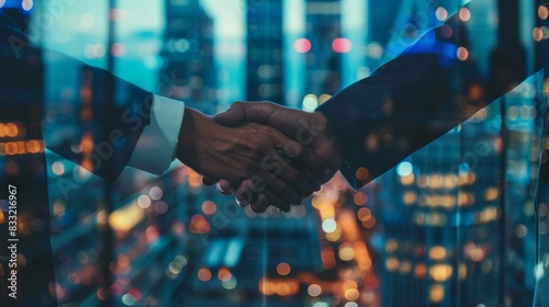 Wallpaper Mural Two business professionals shaking hands in a cityscape background, symbolizing partnership, agreement, and corporate collaboration. Torontodigital.ca