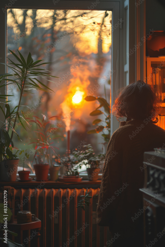 A woman is looking out the window at the sun setting A woman is looking out the window at the sun setting