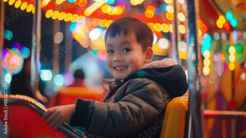 a child playing at the night market, his facial expression full of joy and enthusiasm, Ai generated Images