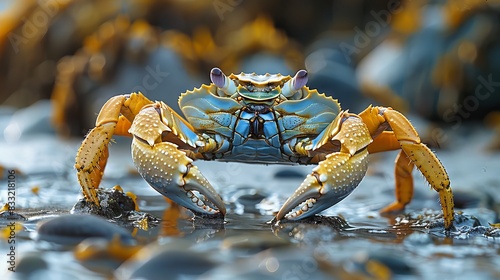 Edible crab (Cancer pagurus) on sand covered with algi during low tide 