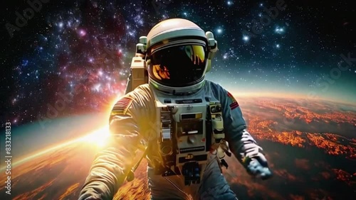 Astronaut in Spacesuit Exploring Galaxy of Stars and Nebula in Cosmoscape: Space, Universe, and Astronautics Adventure
 photo