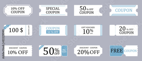 Set of coupons, tickets, gift voucher, discount coupon, save coupon. Coupon card element vector template for graphic design. Coupons for promotional sales are provided with different discounts.