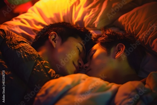 Thai gay couple romantic cuddling kissing.