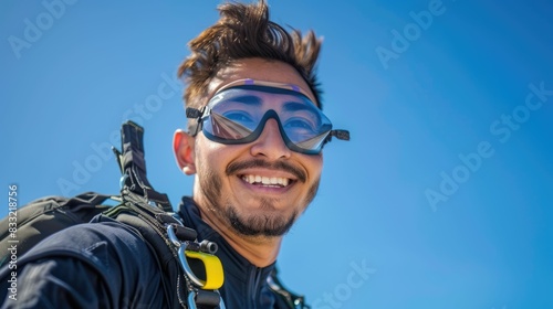 The picture of the professional skydiver wearing goggle doing skydiving in the sky under the bright light of the sun in the morning or noon and also wearing the parachute for safety landing. AIG43. © Summit Art Creations