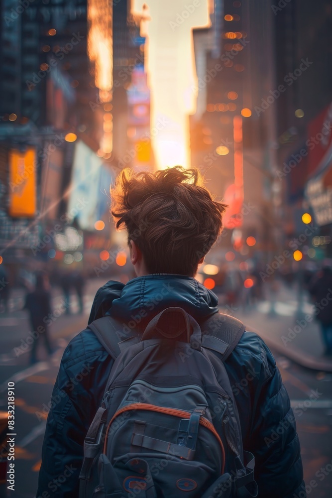 Fototapeta premium A young man with a backpack gazes ahead, poised for his urban journey.