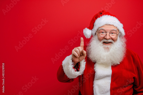 A smiling Santa Claus pointing to the camera. The image has a festive and joyful mood, as it is a Christmas-themed photo