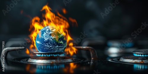 earth planet globe over flames of a stove burning, the concept of conventional energy hurting the planet and global warming as a wide banner with copyspace area - Generative AI