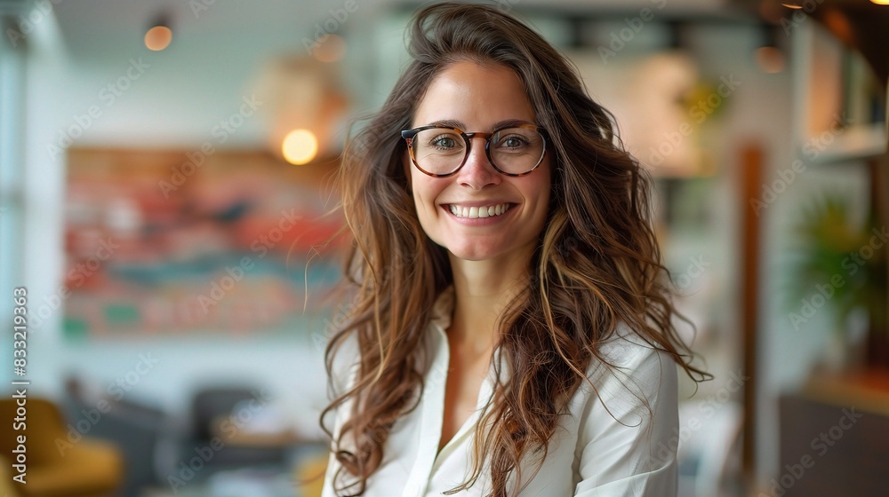 Professional woman smiling, standing in a spacious, colorful office