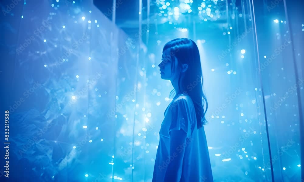 Young female standing in a room filled with blue light 4K Video. Young female standing in a room filled with blue light 4K Video.