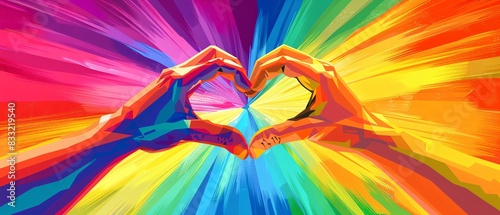 Hands shaping a heart symbol with a rainbow background in a vibrant digital illustration for LGBTQIA pride and support, ideal for Pride Month celebrations and events