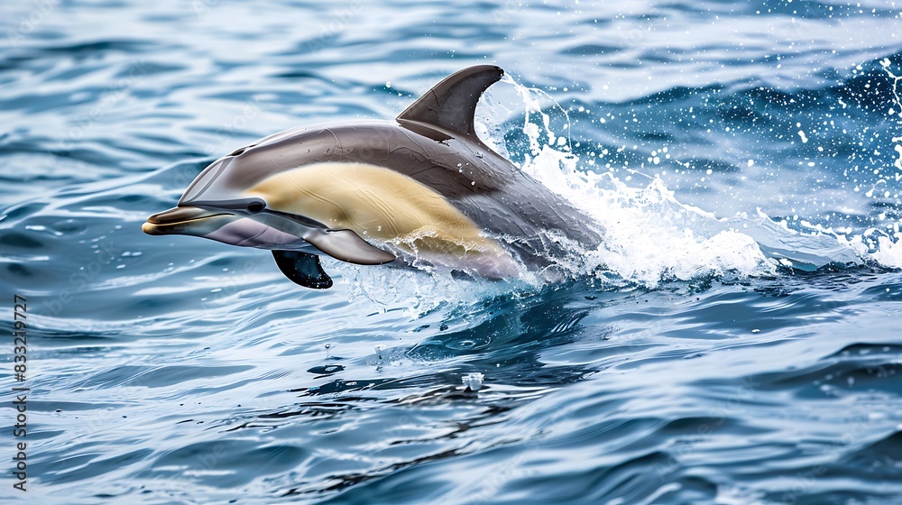 Dolphin playing and jumping on the wavy blue ocean Dolphin playing and jumping on the wavy blue ocean