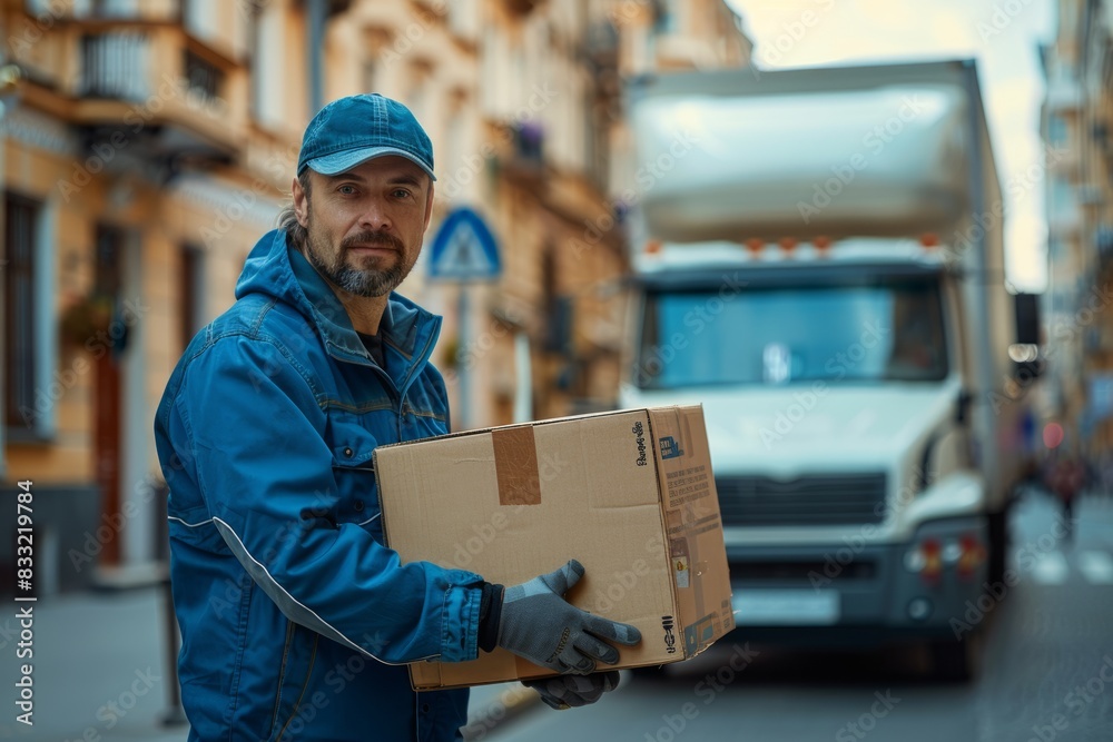 A delivery man in a blue uniform and carrying a cardboard box stood next to a white truck A delivery man in a blue uniform and carrying a cardboard box stood next to a white truck