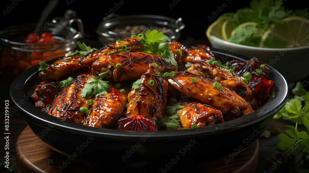Delicious Marinated Chicken Claws In Bowl Garnished With Leafy Greens On Blurry Background Delicious Marinated Chicken Claws In Bowl Garnished With Leafy Greens On Blurry Background