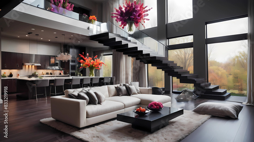 Upscale greatroom.  with floor to celing windows with sheer curtains. sleek modern furniture in netural tones and ultra modern kitchen. Floating staircase to second floor. Fesh vibrant flowers in vase photo