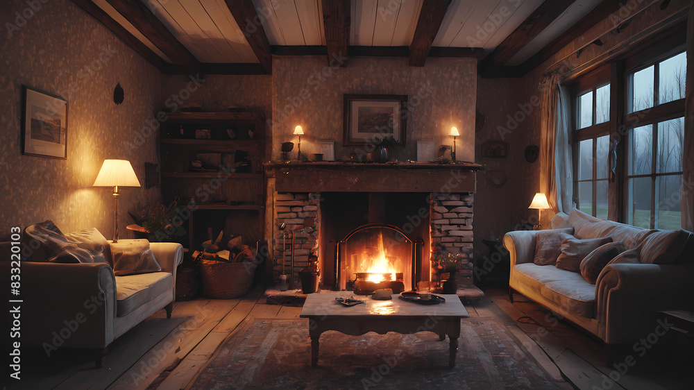 cozy room without furniture evening in a country house with a fireplace it’s raining outside the windows cozy room without furniture evening in a country house with a fireplace it’s raining outside the windows
