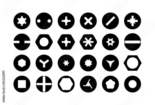 Set of metal screw heads. Stainless steel bolts. Silver nails and rivets. Top view. Vector illustration in flat style. Different hardware elements. Mechanic workshop icons.