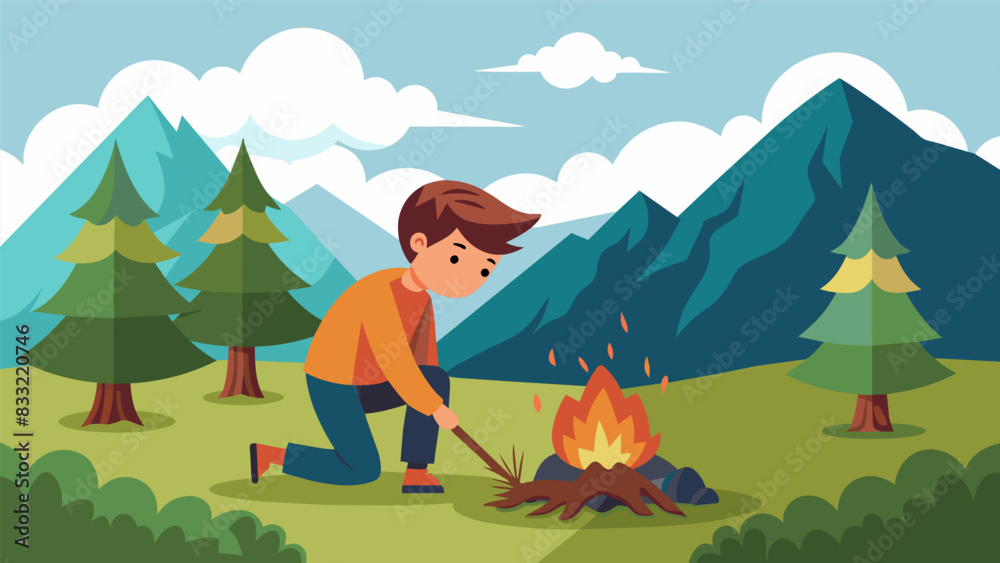 In a mountainous region a young boy carefully s branches and prepares them into smaller pieces to be used for kindling in his familys wood stove.. Vector illustration In a mountainous region a young boy carefully s branches and prepares them into smaller pieces to be used for kindling in his familys wood stove.. Vector illustration