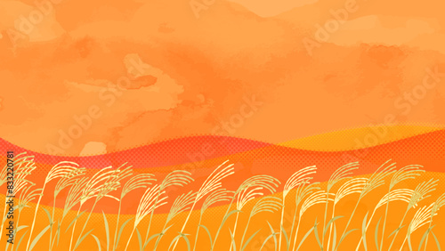 秋の夕方のススキ畑のイラスト背景