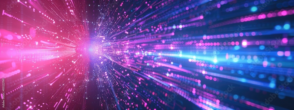 Fototapeta premium Digital technology metaverse neon blue pink background cyber information