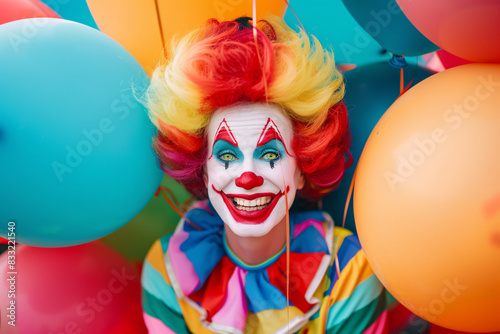 Joyful clown in vibrant costume and makeup smiling among multicolored balloons at a festive event