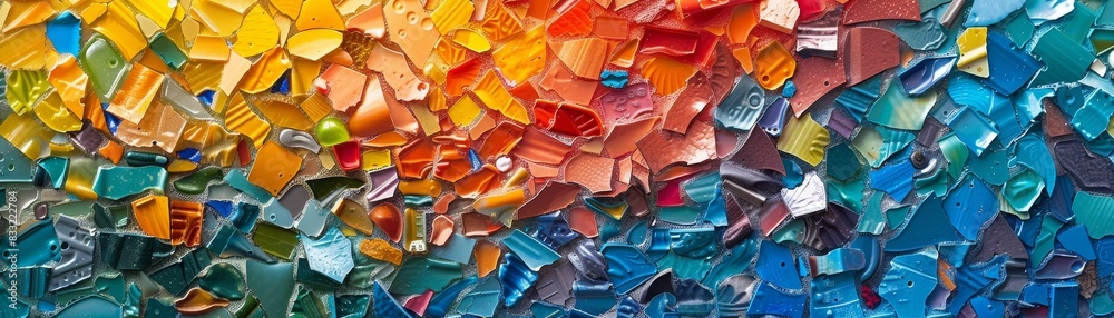 A vivid mosaic of recycled plastic pieces showcases colorful sustainability