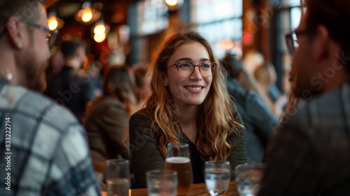 A young woman with glasses smiles while chatting with friends in a cozy, warmly lit pub environment. © areef