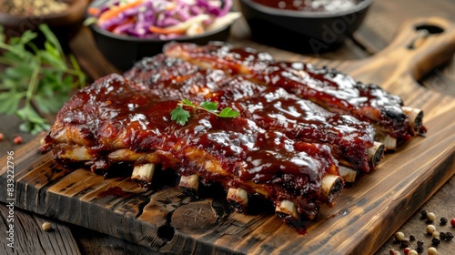 A platter of tender slow-cooked pork spare ribs, glazed with BBQ sauce and served with coleslaw