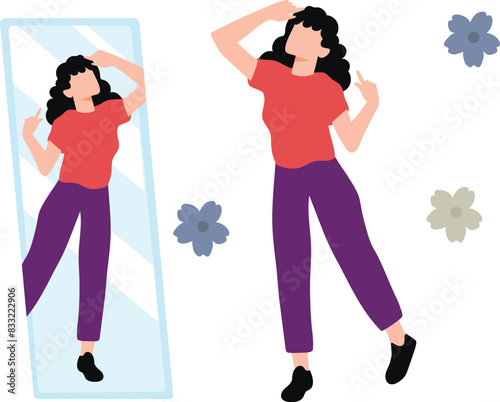 The girl is looking at herself in the mirror.