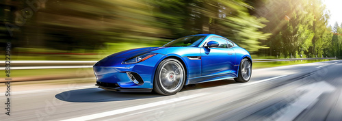 A vibrant blue sports car speeds down a scenic road, creating a dynamic and exhilarating panning photography background wallpaper